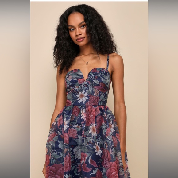 Cherished Aura Navy Blue Floral Organza Bustier Midi Dress
Lulus - Picture 1 of 4